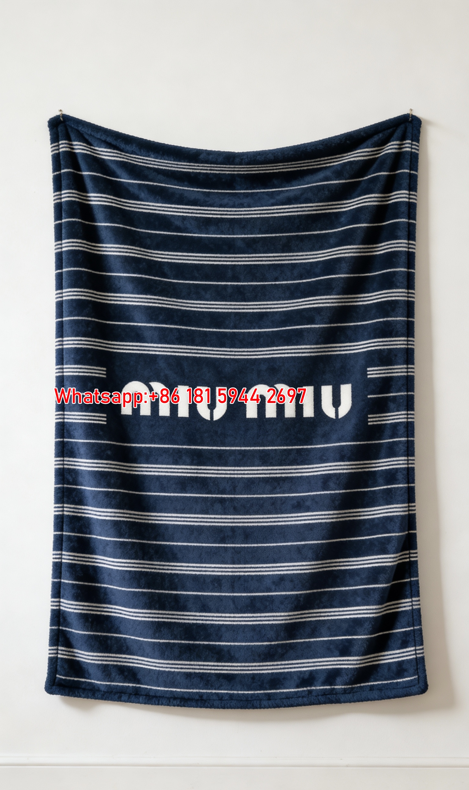 Miu Miu Striped Print Flannel Throw Blanket Deep Navy Blue with White Pinstripe Pattern Minimalist Logo Design IMG_0438